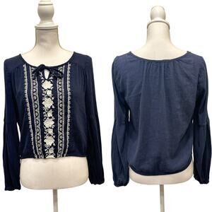 Hollister 2010s Navy Floral Embroidered Peasant Blouse Boho Surfer Beach Bum